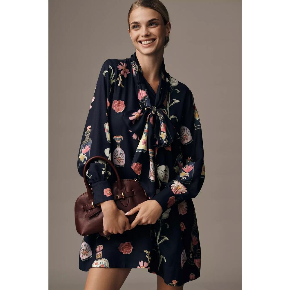 nwt ANTHROPOLOGIE MAEVE sz S The Caroline Tie-Neck Dress navy perfume bottle